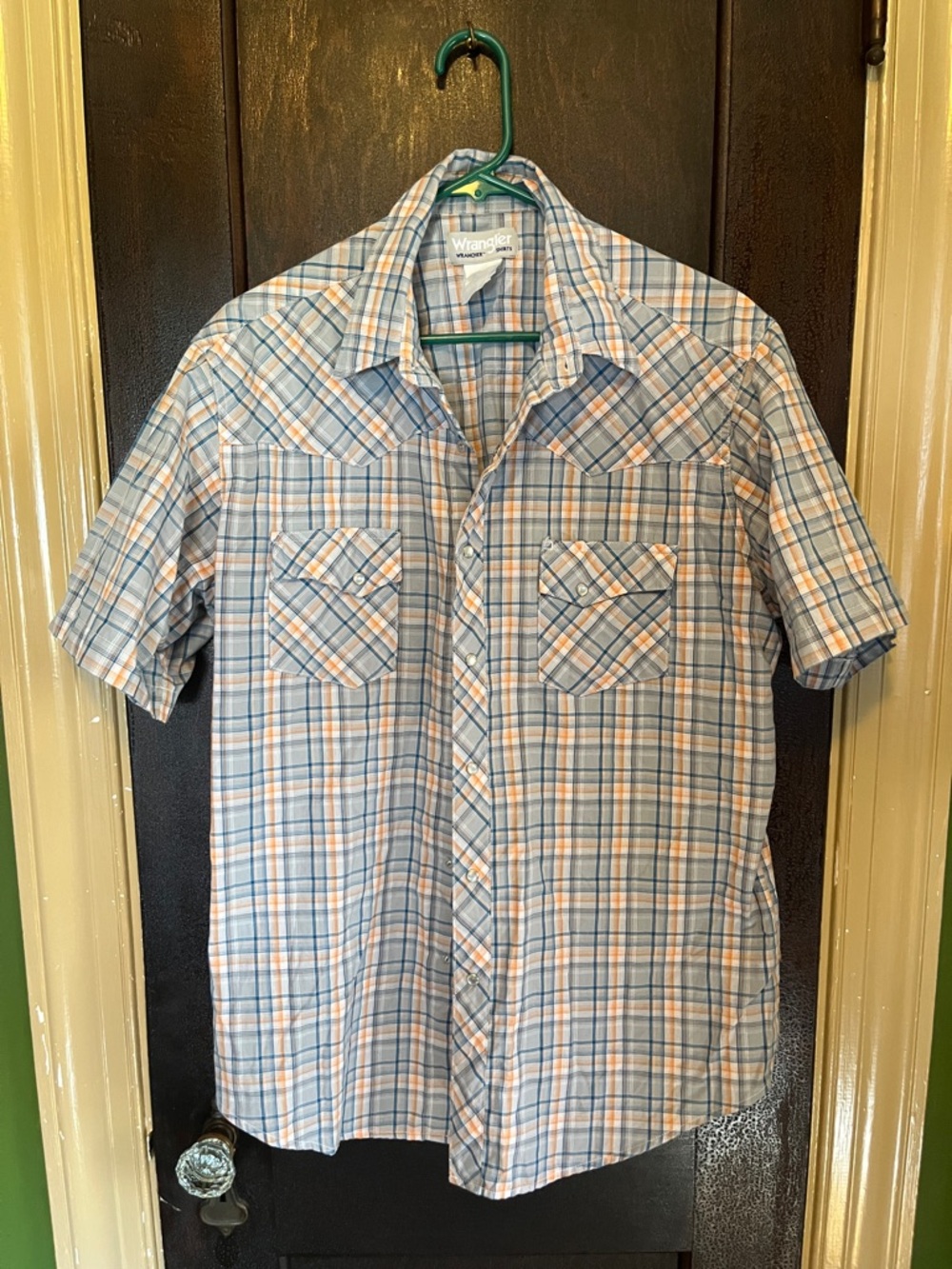 Wrangler Short-Sleeve Plaid Button-Down Shirt in Light Blue and Peach